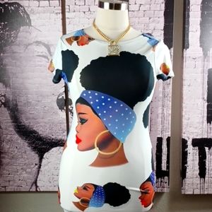 Black Woman Blue Wrap & Hoops Tshirt Dress/ Top